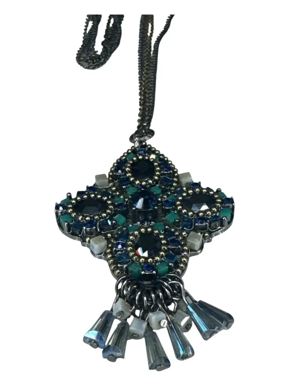 Vintage-Inspired Silver Necklace With Ornate Blue & Green Crystal Pendant